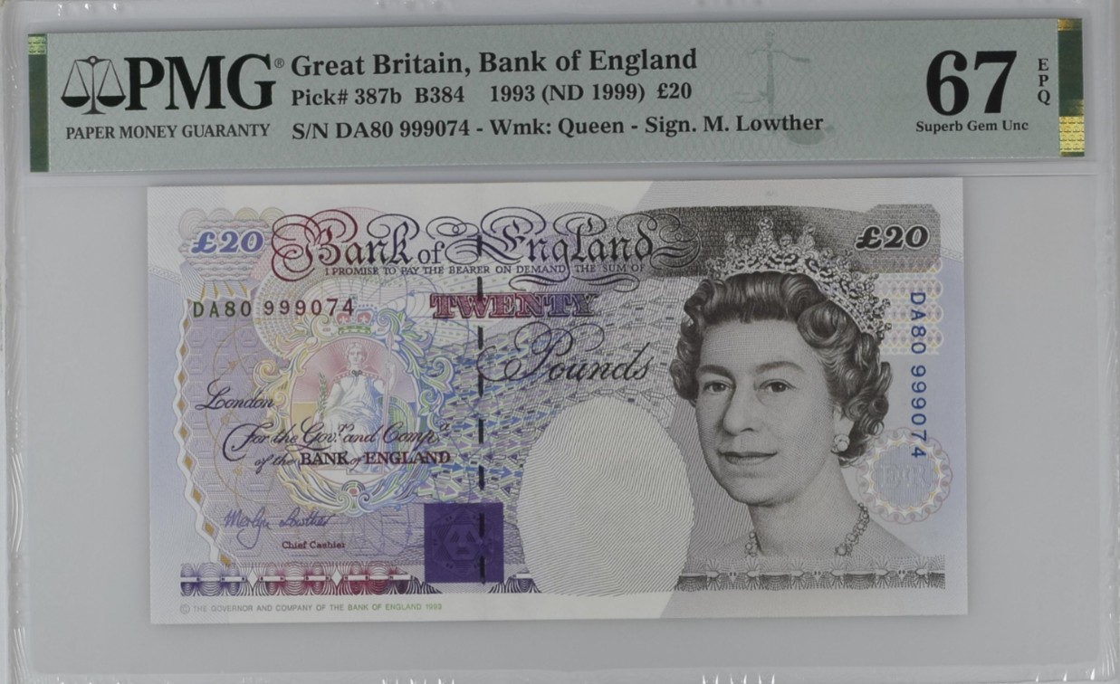 《张总收藏》120期-外币超高货国庆特别场-名誉品 冠军分  满分 英国E序列初版20镑PMG67E 冠军68分仅2张 Pick#387b 数字冠