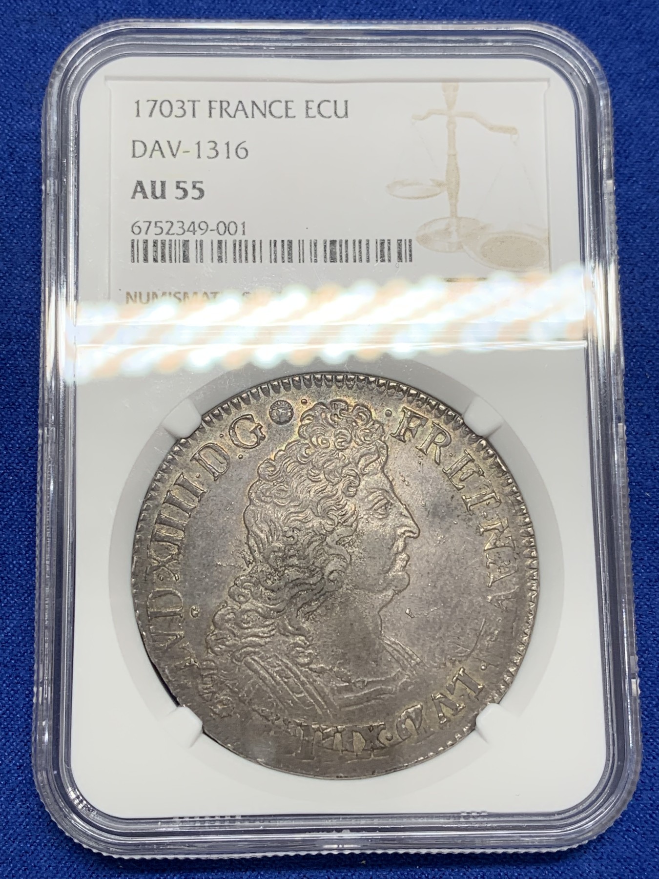 NGC-AU55 法国 1703年 路易十四 1埃居 大银币   百年酱紫老包浆，稀少的T（南特）厂，NGC该年唯一评级记录和最高分冠军，目录定价只到XF