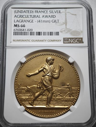 【德藏】世界币章拍卖第45期（全场顺丰包邮） - 19世纪 法国农业协会41mm镀金银章 NGC MS66