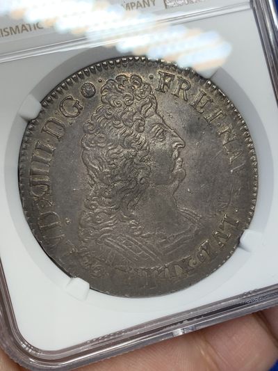 NGC-AU55 法国 1703年 路易十四 1埃居 大银币   百年酱紫老包浆，稀少的T（南特）厂，NGC该年唯一评级记录和最高分冠军，目录定价只到XF