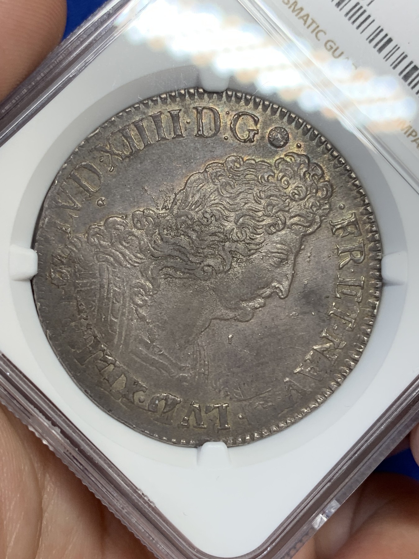 NGC-AU55 法国 1703年 路易十四 1埃居 大银币   百年酱紫老包浆，稀少的T（南特）厂，NGC该年唯一评级记录和最高分冠军，目录定价只到XF