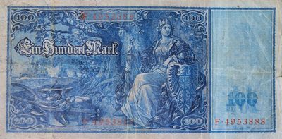 港、澳、台、中外钞、流水签、机签、箱包单、靓号专场第36期 - 德国 帝国银行 1910年 100马克 超大票幅 过百年老钞 113年的老东西 流通品 满满的厉史岁月痕迹 ”豹子号”绝对的老珍稀 极有可能是唯一的 ”孤品 豹子号” F.4953888 流通品 靓号一张/正面右边上有一裂痕～品相如图 