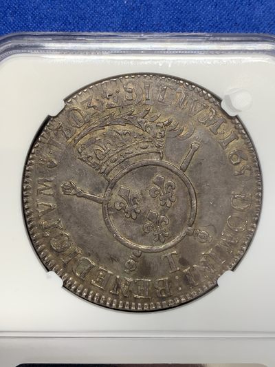 NGC-AU55 法国 1703年 路易十四 1埃居 大银币   百年酱紫老包浆，稀少的T（南特）厂，NGC该年唯一评级记录和最高分冠军，目录定价只到XF