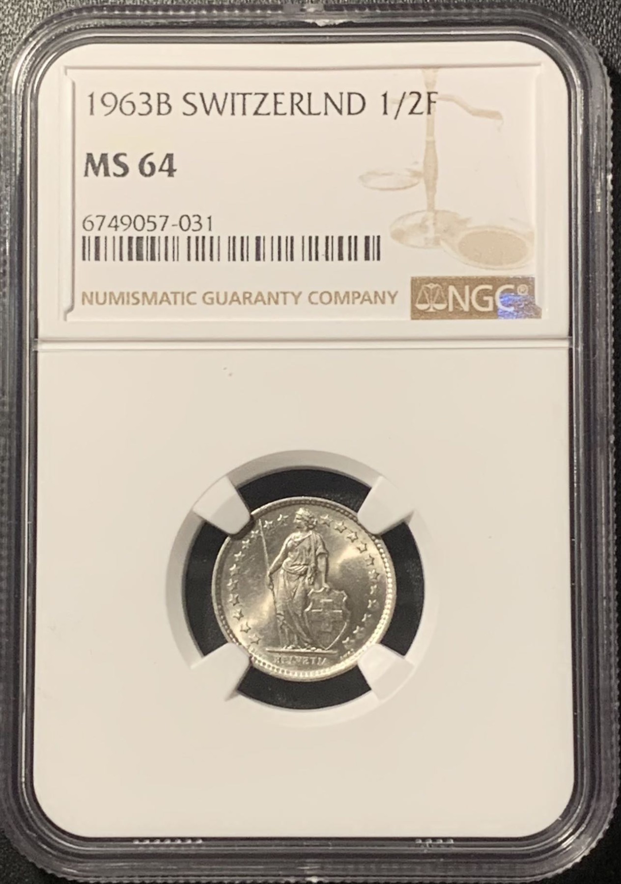紫瑗钱币——第317期拍卖 瑞士 1963年 赫尔维蒂亚 1/2法郎 银币 NGC MS64