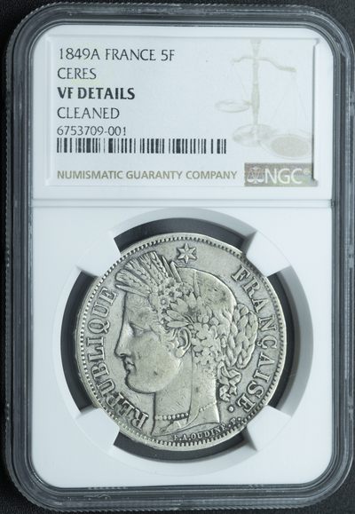  火彩社 世界硬币、纸币专场、NGC评级币等 - NGC VF Details Cleaned 法国 1849-A 谷物女神 5法郎银币