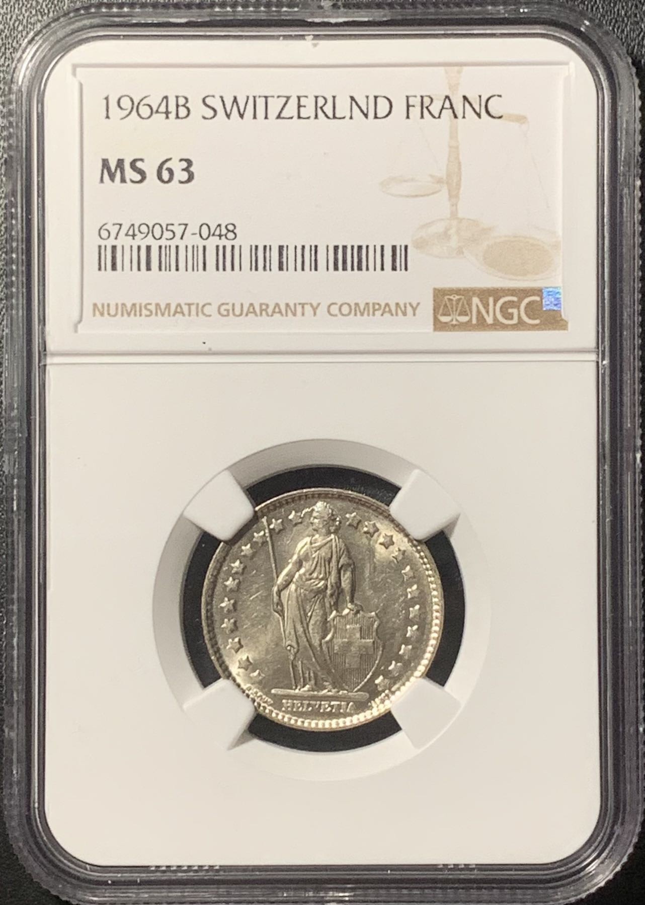 紫瑗钱币——第317期拍卖 瑞士 1964年 赫尔维蒂亚 1/2法郎 银币 NGC MS63