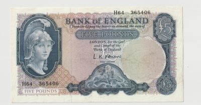 第18次拍卖--英联邦领土硬币、精制银币、纪念币，纸钞 - United Kingdom Bank of England, 1961 - 5 Pounds - P372 - Signature: L. K. O'Brien, H64 365406 (NOT unc, good condition for collectors)