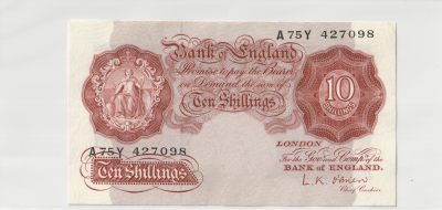 第18次拍卖--英联邦领土硬币、精制银币、纪念币，纸钞 - Bank of England -1960- 10 Shillings, signature: L. K. O'Brien - P368c -A75Y 427098 (NOT unc, good condition for collectors)
