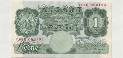 第18次拍卖--英联邦领土硬币、精制银币、纪念币，纸钞 - Bank of England -1960- 1 Pound,  signature: P. S. Beale - P369b - Y85C 096193- (NOT unc, good condition for collectors)