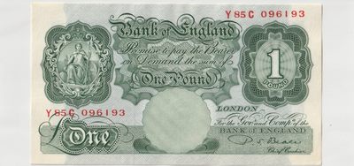 第18次拍卖--英联邦领土硬币、精制银币、纪念币，纸钞 - Bank of England -1960- 1 Pound,  signature: P. S. Beale - P369b - Y85C 096193- (NOT unc, good condition for collectors)