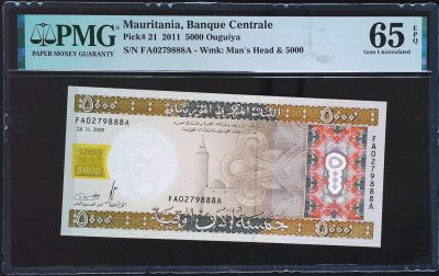 世界靓号纸钞第三十期-888专场 - 2011年老版毛里塔尼亚5000乌吉亚 首发FAA冠 无4豹子号888 PMG65