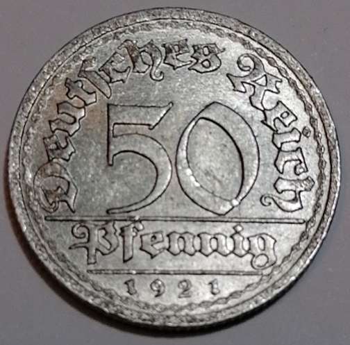 老钱儿钱币徽章拍卖第一场 德国魏玛共和国1921年50芬尼铝币