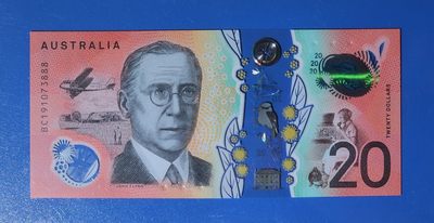 港、澳、台、中外钞、流水签、机签、箱包单、靓号专场第37期 - 澳大利亚 2019年 20元 塑料钞 豹子号 BC19 1073888 UNC一张/如图