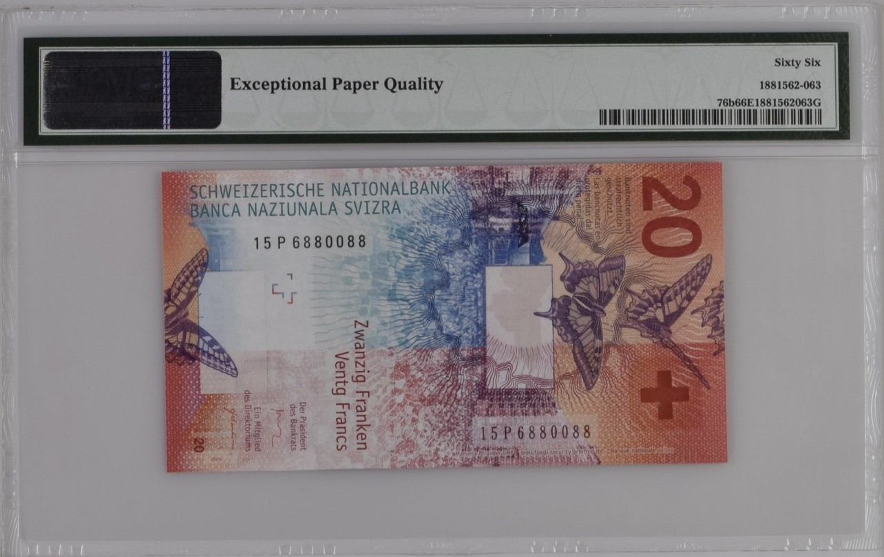 乐淘淘纸币粉丝返利场 第22期 本店粉丝每张纸币返利五元！ 【15P6880088】瑞士2015年纸币 20法郎 圆圆倒置号 尾88靓号 PMG66EPQ
