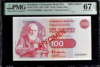 【Blue Auction】✨世界纸币精拍第377期【精】 -  【唯一冠军分 唯一记录罕见】苏格兰 1991年100镑 开尔文爵士 格拉斯哥大学课堂 PMG67EPQ 高分 精美样钞 比实钞罕见很多 英系的样钞都不便宜