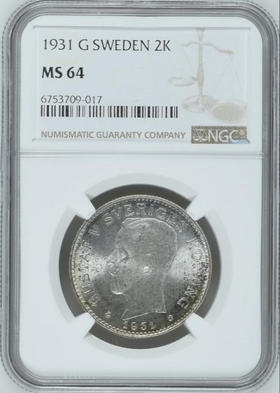  火彩社 世界硬币、纸币专场、NGC评级币等 - NGC MS64 瑞典 1931-G 2Kr 古斯塔夫五世 2克朗银币 原光车轮光 NGC亚军分