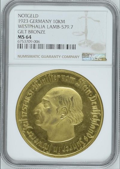  火彩社 世界硬币、纸币专场、NGC评级币等 -  NGC MS64 魏玛德国 威斯特伐利亚 1923年 10000马克镀金紧急货币（马币名誉品）