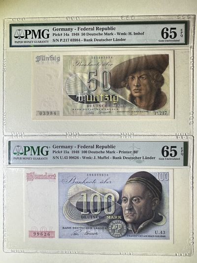 【Blue Auction】✨世界纸币精拍第377期【精】 - 【一组2张】德国 1948年50-100马克 法属风 PMG65EPQ 绝品
