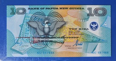 港、澳、台、中外钞、流水签、机签、箱包单、靓号专场第37期 - 巴布亚新几内亚 2000年年 10基纳 塑料钞 豹子号 NDZ667888 UNC一张/如图