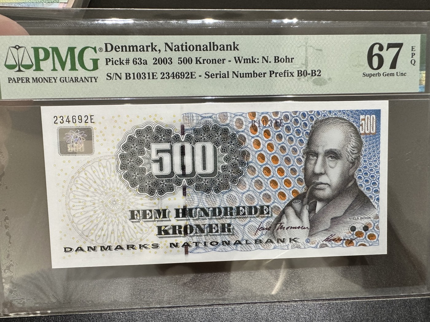 《外钞收藏家》第三百零二期（连拍第一场） 2003年丹麦浮雕版500克朗 PMG67 再版的