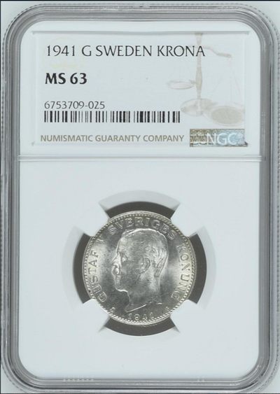  火彩社 世界硬币、纸币专场、NGC评级币等 - NGC MS63 瑞典 1941-G 1K 古斯塔夫五世 1克朗银币 原光车轮光