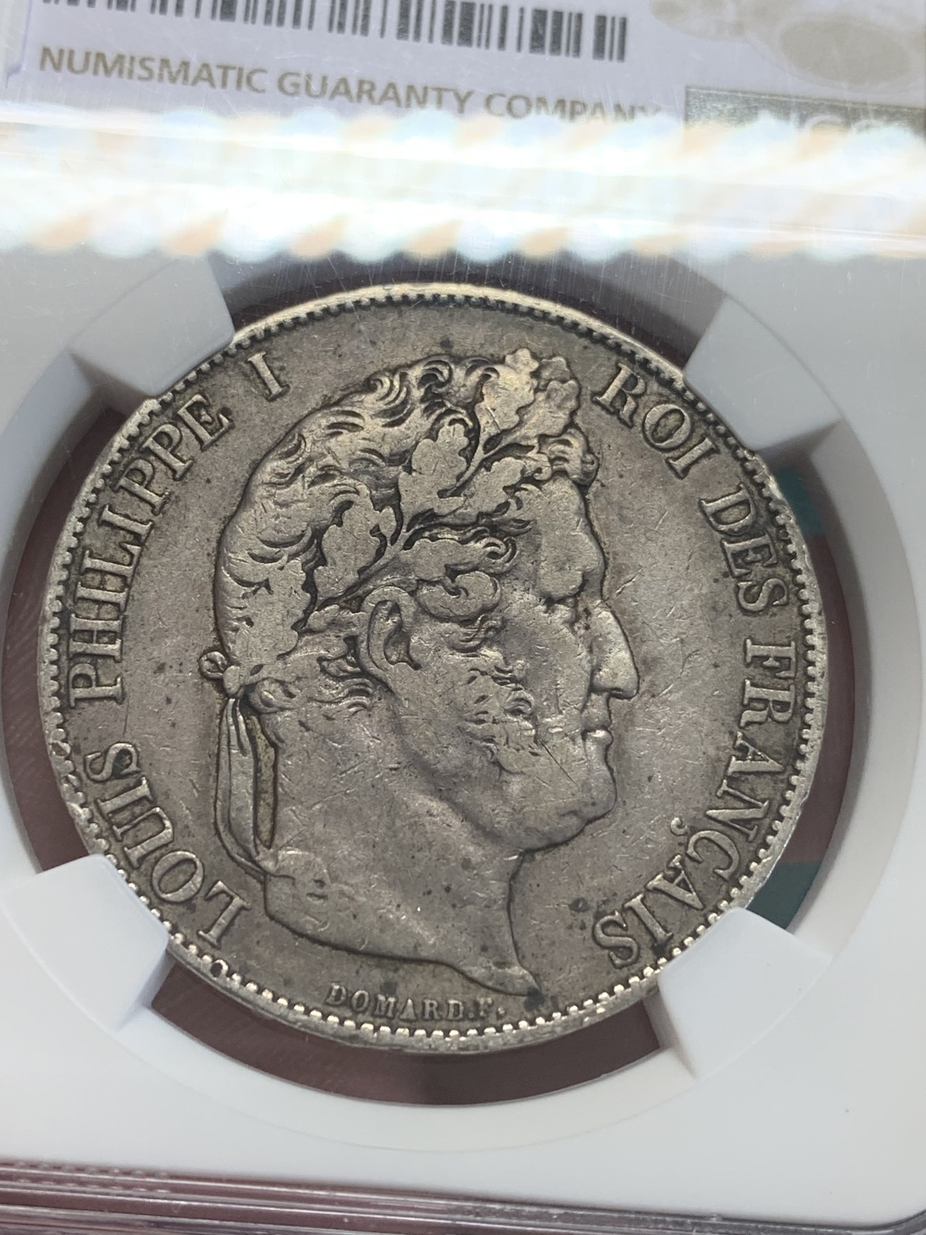 欢迎参加《竞宝斋》为国而庆 老张自藏专场 ，定制纪念章相赠 NGC XF 法国 1846 W版 菲利普 5法郎银币 原味包浆 自然流通 可以有分的