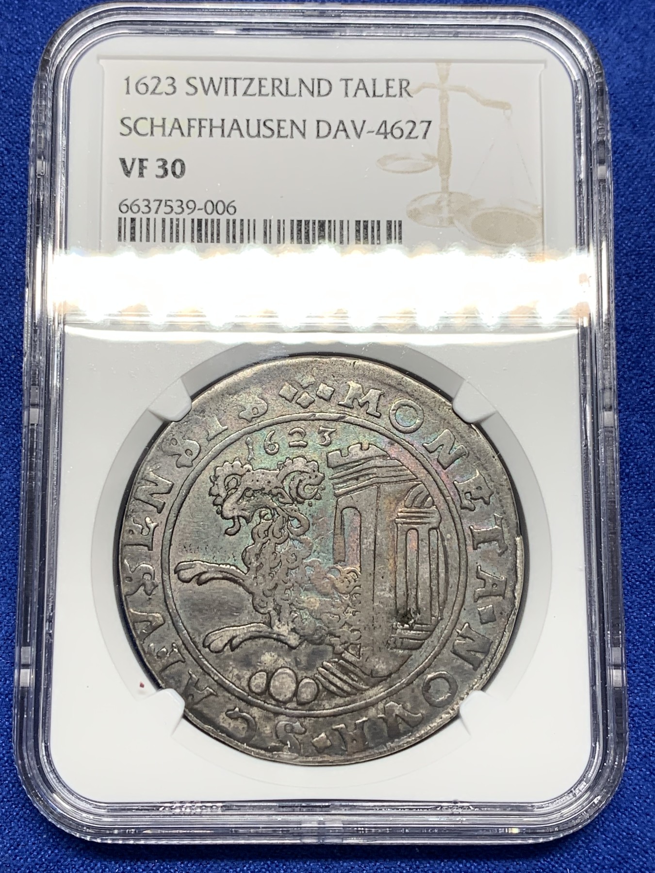 欢迎参加《竞宝斋》为国而庆 老张自藏专场 ，定制纪念章相赠 冠军分 NGC-VF30 瑞士 1623 瑞士沙夫豪森 泰勒大银币 冠军深打 包浆厚实 羊脸清晰 低评了