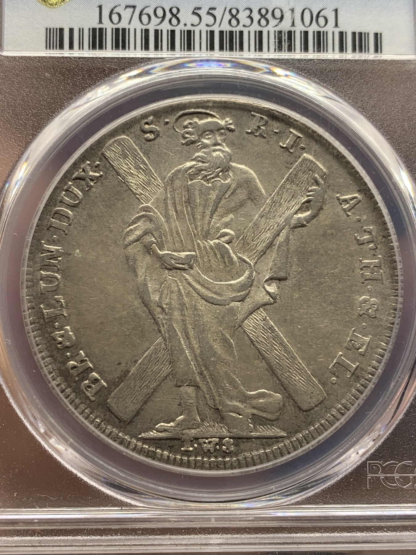 欢迎参加《竞宝斋》为国而庆 老张自藏专场 ，定制纪念章相赠 PCGS AU55 德国 布伦瑞克 1768年 泰勒银币 深打细节 人物鼻尖没有磨损