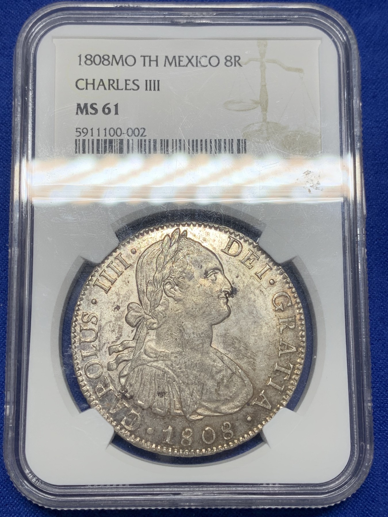 欢迎参加《竞宝斋》为国而庆 老张自藏专场 ，定制纪念章相赠 NGC MS61 墨西哥 1808年 卡四 8R 双柱大银币 双面深打 底光底板都非常好