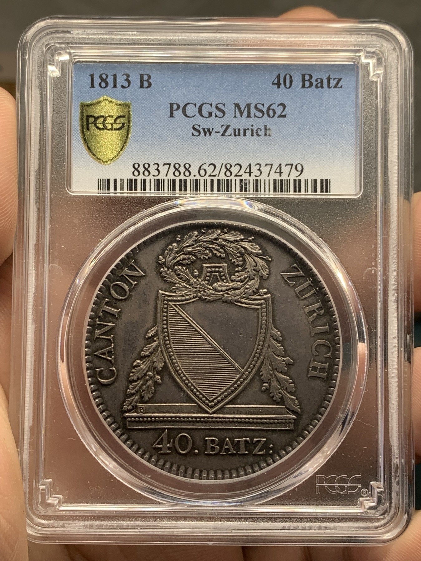 欢迎参加《竞宝斋》为国而庆 老张自藏专场 ，定制纪念章相赠 PCGS MS62 瑞士 1813年 苏黎世 40巴增 大银币 双面深彩包浆 状态难得