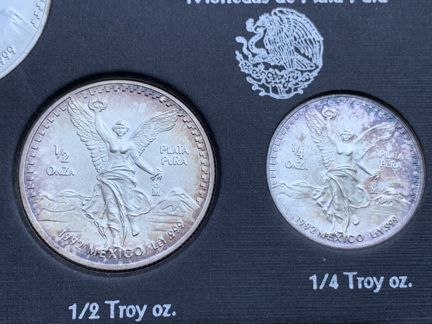 欢迎参加《竞宝斋》为国而庆 老张自藏专场 ，定制纪念章相赠 墨西哥 1992年 银币 5枚套 原盒原币包浆一致 全部999银 各面值BU 难得