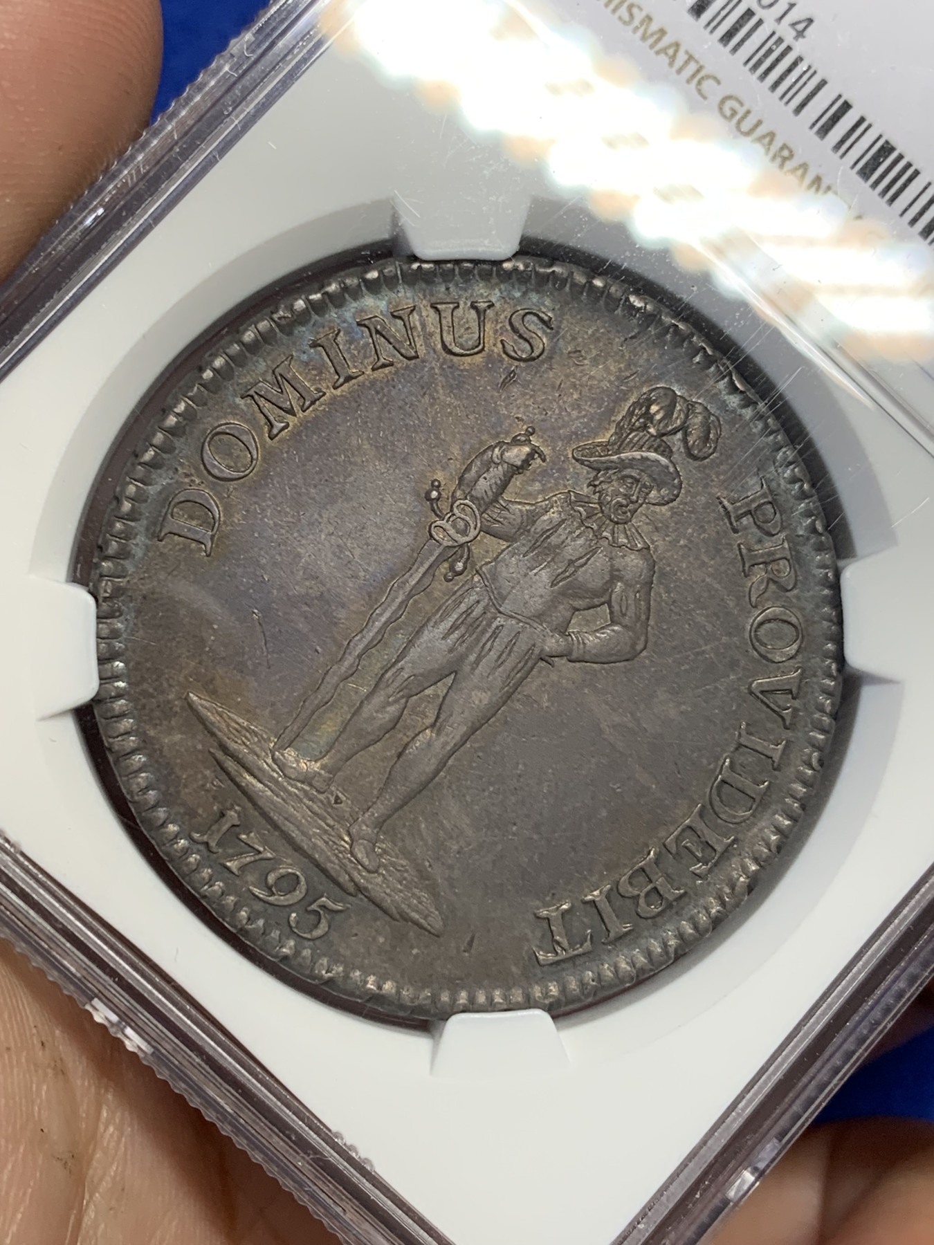 欢迎参加《竞宝斋》为国而庆 老张自藏专场 ，定制纪念章相赠 NGC AU58 瑞士 1795 伯尔尼 雇佣军 1泰勒大银币 包浆深厚 整体状态很不错 打制的也非常好 性价比高