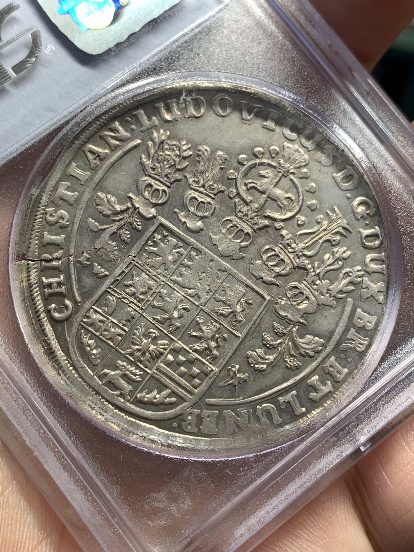 欢迎参加《竞宝斋》为国而庆 老张自藏专场 ，定制纪念章相赠 PCGS AU55 德国 布伦瑞克 1659年 飞马泰勒 早期大马 胖嘟嘟的 马脸无磨损 全深打 底光也漂亮