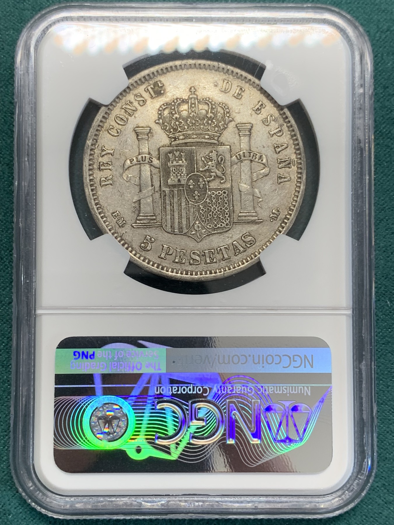 欢迎参加《竞宝斋》为国而庆 老张自藏专场 ，定制纪念章相赠 NGC XF45 西班牙 1878年 阿方索十二世 5比塞塔银币 原味包浆带底光