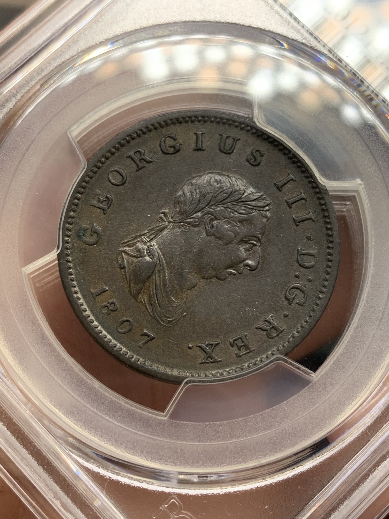 欢迎参加《竞宝斋》为国而庆 老张自藏专场 ，定制纪念章相赠 PCGS AU55 英国1807年乔治三世1/2便士铜币 人物安详精细 包浆好