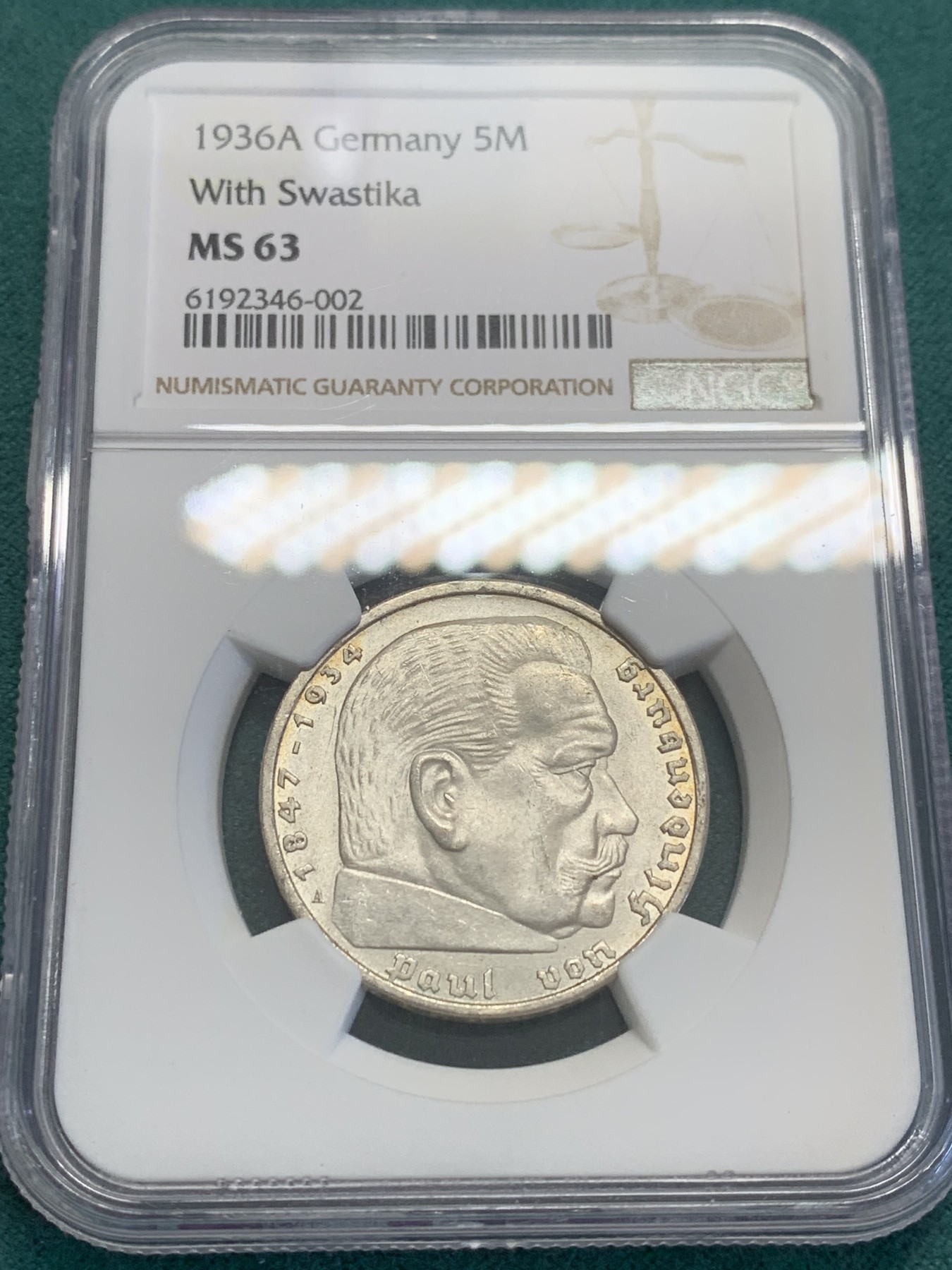 欢迎参加《竞宝斋》为国而庆 老张自藏专场 ，定制纪念章相赠 NGC MS63 德国 1936 兴登堡 5马克银币 转光 状态好