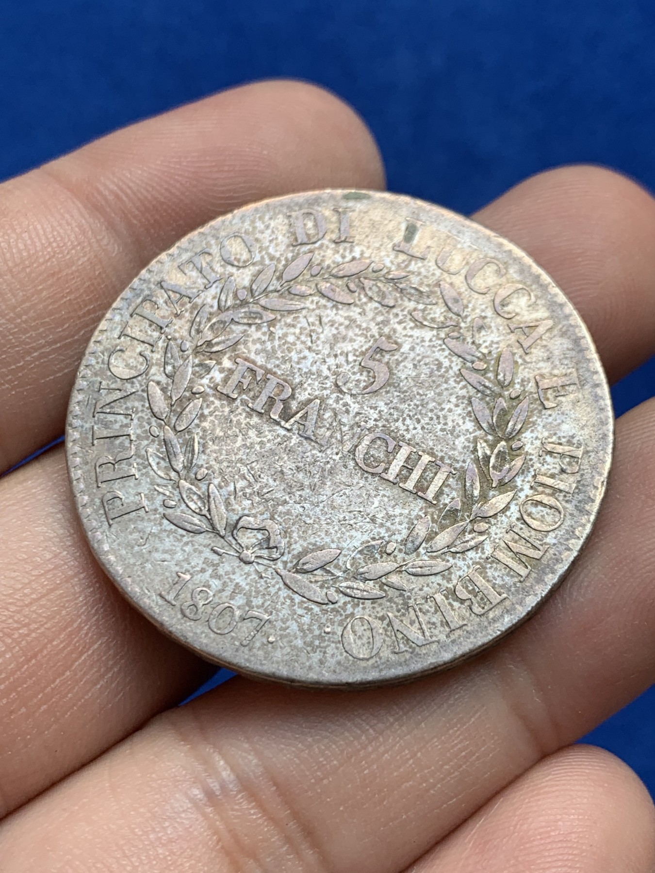 欢迎参加《竞宝斋》为国而庆 老张自藏专场 ，定制纪念章相赠 意大利卢卡1807年 埃莉萨波拿巴 5法郎大银币 传世老包浆 少见品种 非常漂亮