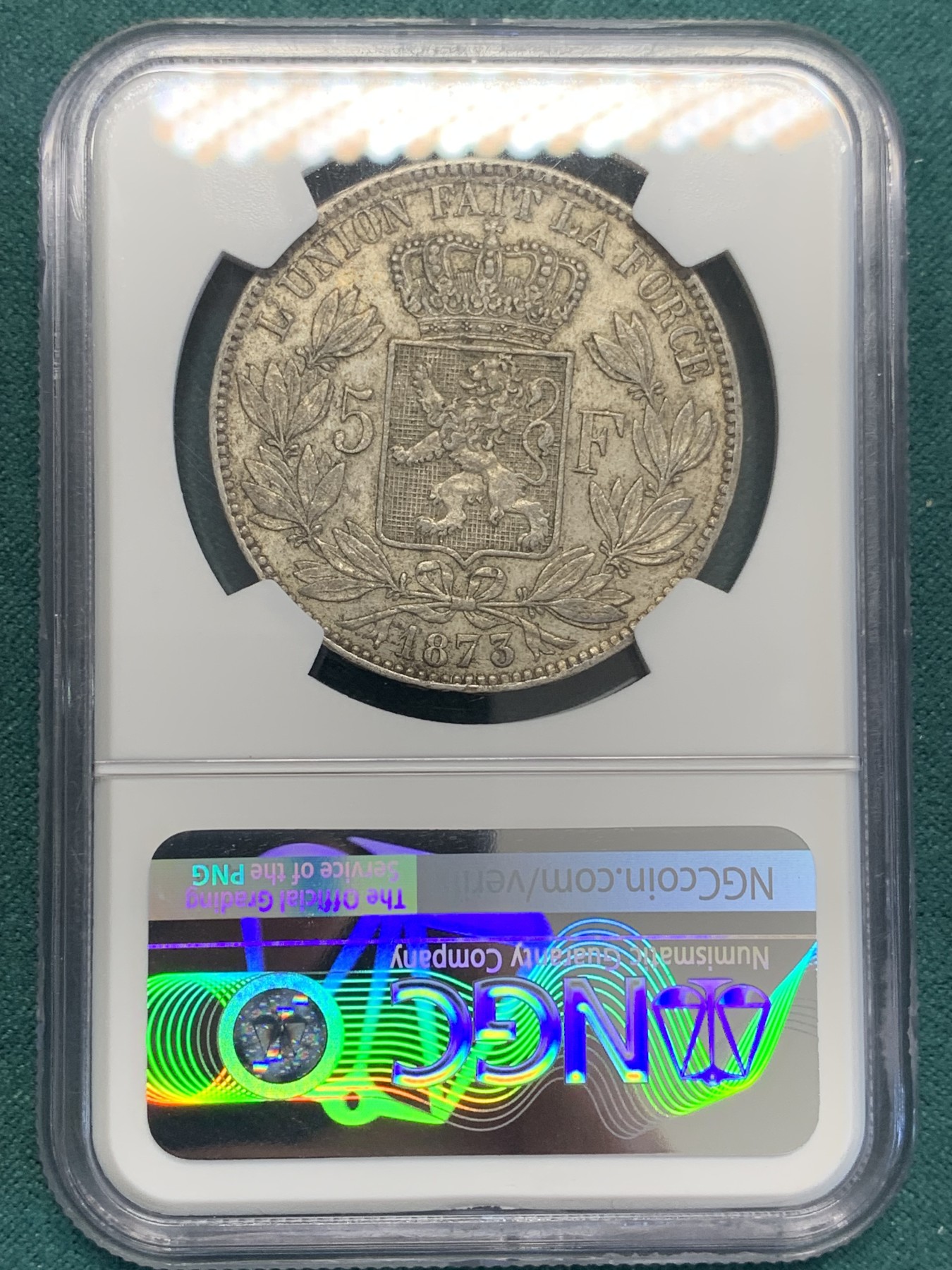 欢迎参加《竞宝斋》为国而庆 老张自藏专场 ，定制纪念章相赠 NGC AU 比利时1873年 利奥波德二世 5法郎银币 原味包浆 胡子清晰