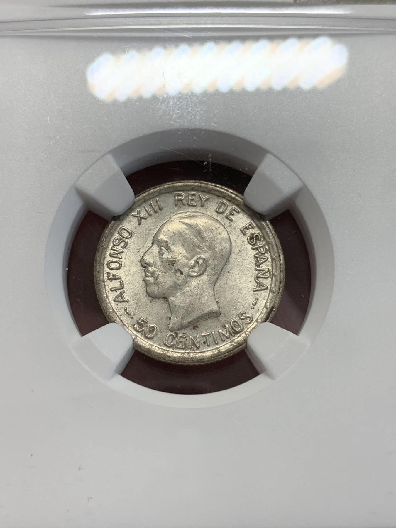 欢迎参加《竞宝斋》为国而庆 老张自藏专场 ，定制纪念章相赠 NGC MS63 西班牙  1926年 阿方索十三世 50分银币