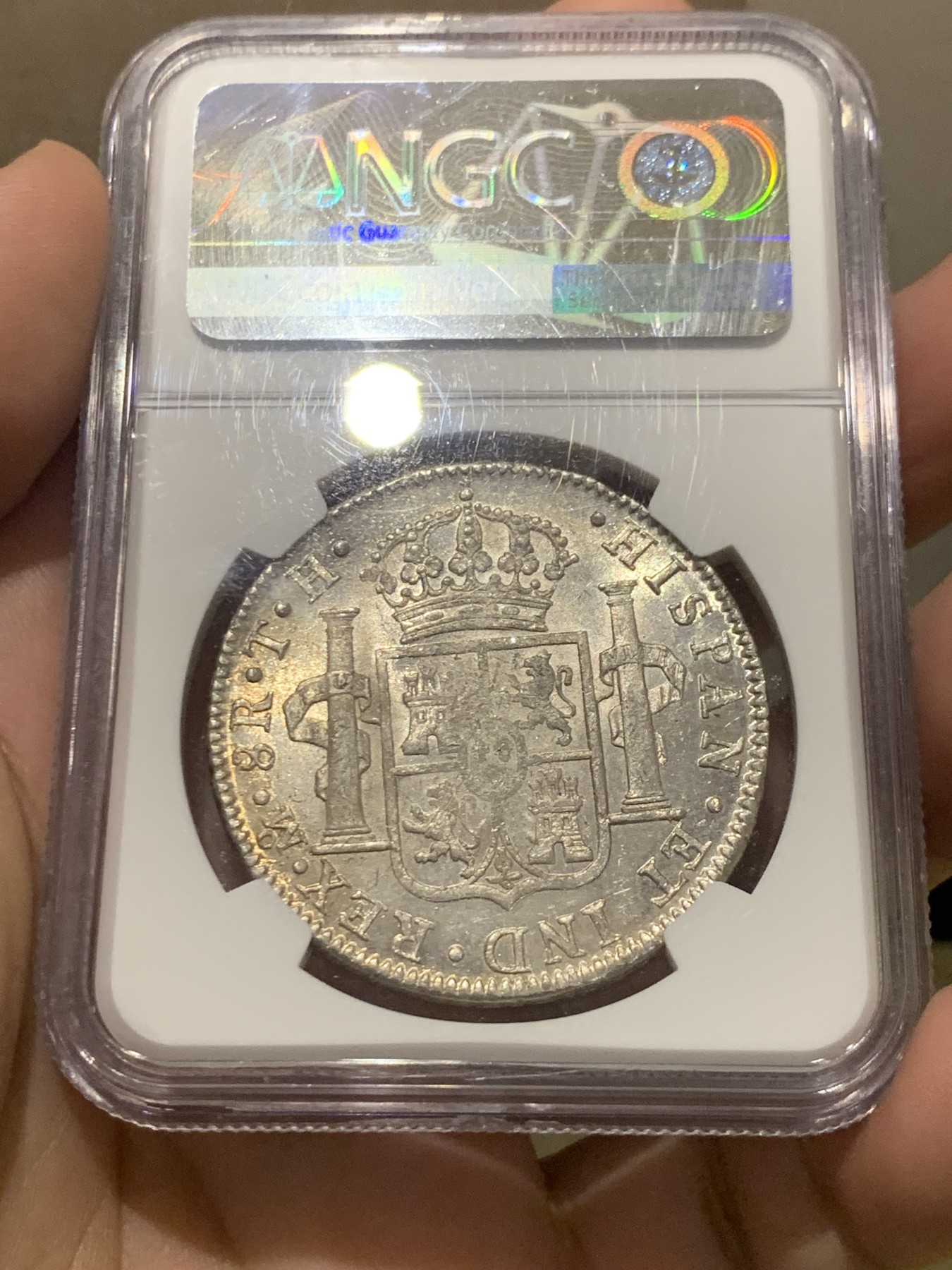 欢迎参加《竞宝斋》为国而庆 老张自藏专场 ，定制纪念章相赠 NGC MS61 墨西哥 1808年 卡四 8R 双柱大银币 双面深打 底光底板都非常好