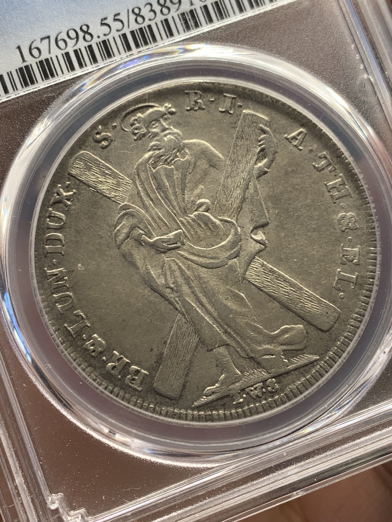 欢迎参加《竞宝斋》为国而庆 老张自藏专场 ，定制纪念章相赠 PCGS AU55 德国 布伦瑞克 1768年 泰勒银币 深打细节 人物鼻尖没有磨损