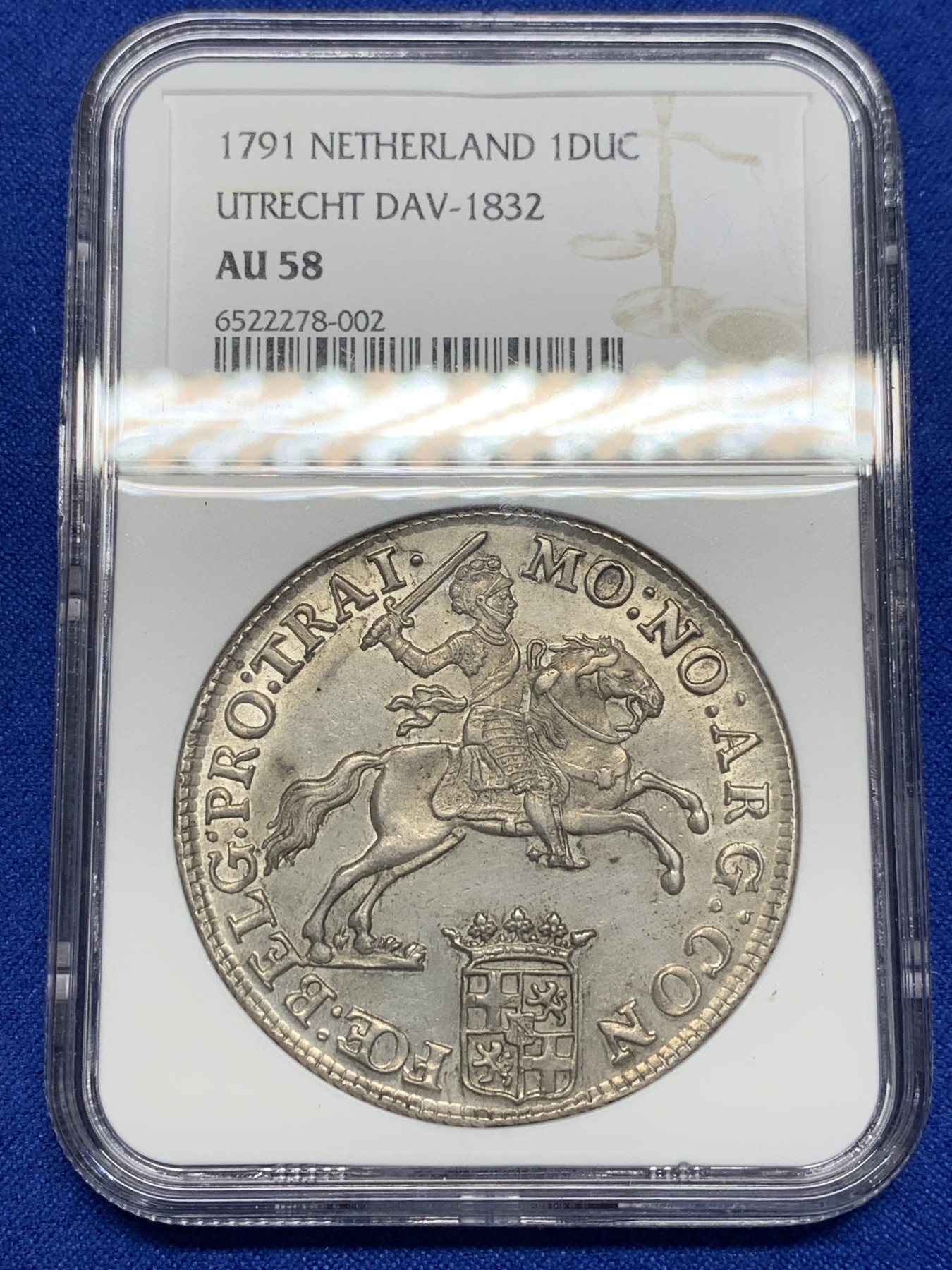 欢迎参加《竞宝斋》为国而庆 老张自藏专场 ，定制纪念章相赠 NGC AU58 荷兰 1791年 乌特勒支 骑士大马剑银币 32克多的大规格 细节极好 底光靓丽 58分中的战斗机