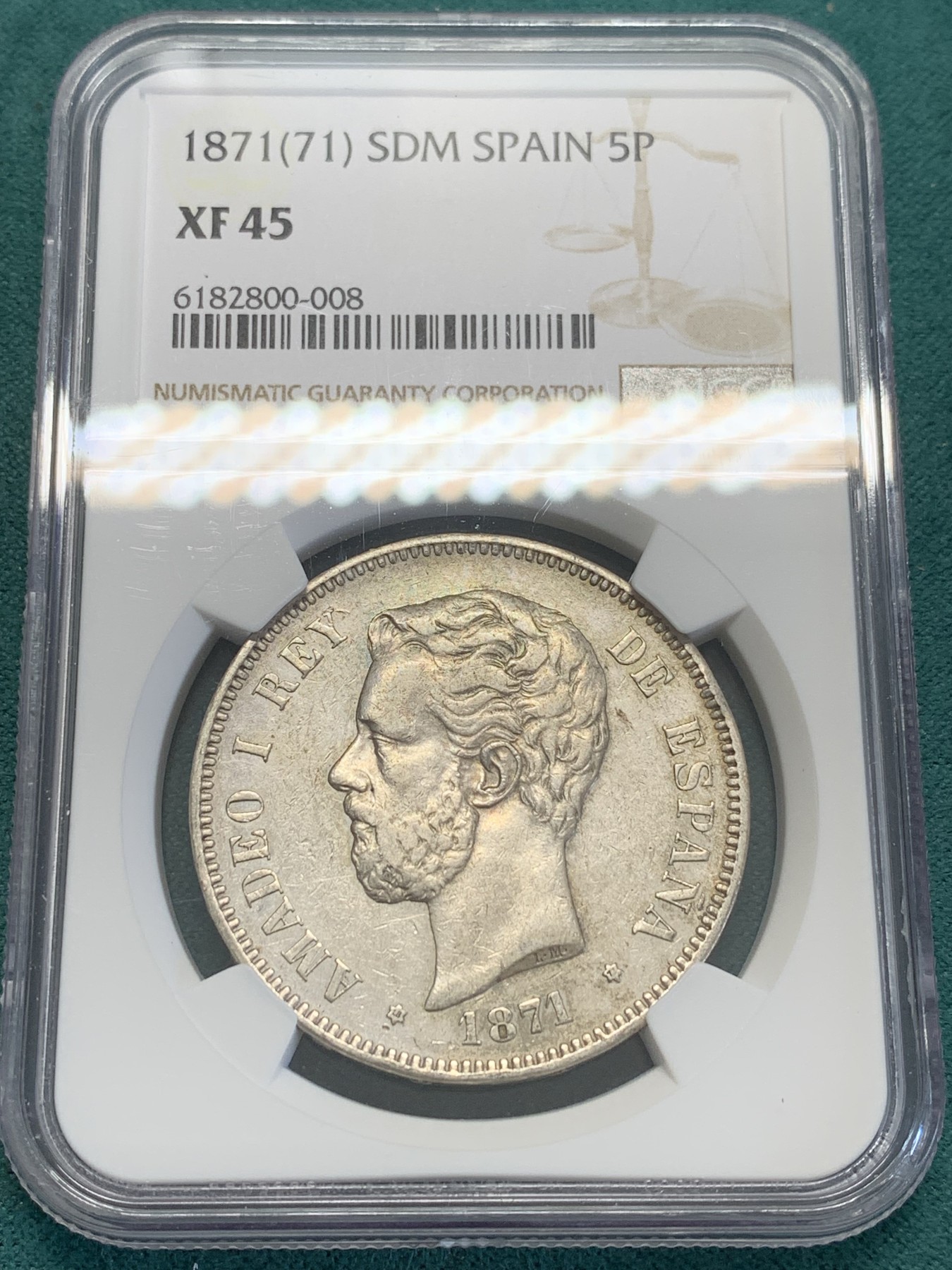 欢迎参加《竞宝斋》为国而庆 老张自藏专场 ，定制纪念章相赠 NGC XF45 1871年西班牙阿玛迪奥一世 5比塞塔大银币 细节好 带包浆