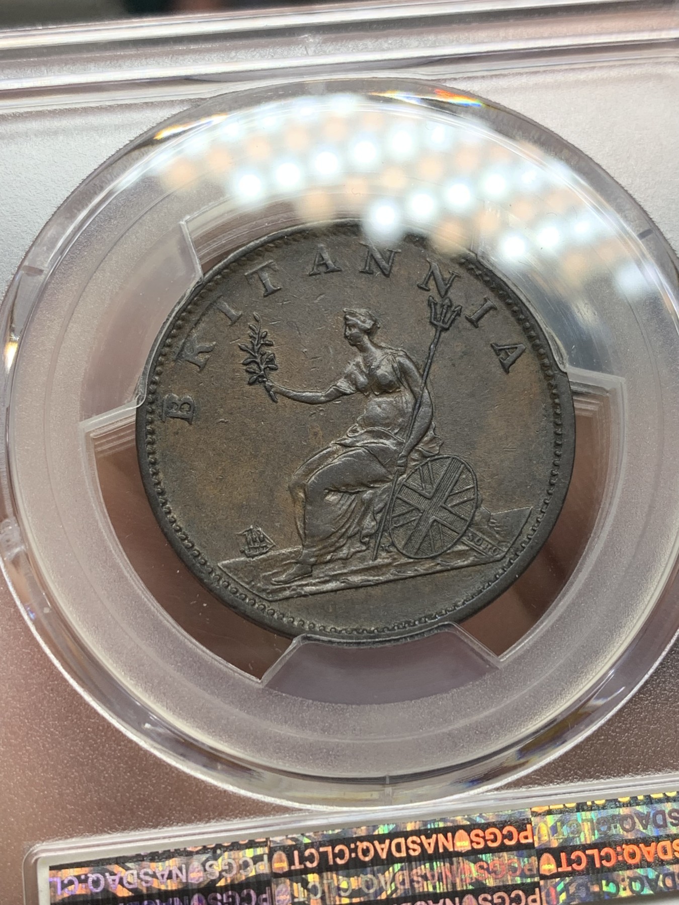 欢迎参加《竞宝斋》为国而庆 老张自藏专场 ，定制纪念章相赠 PCGS AU55 英国1807年乔治三世1/2便士铜币 人物安详精细 包浆好