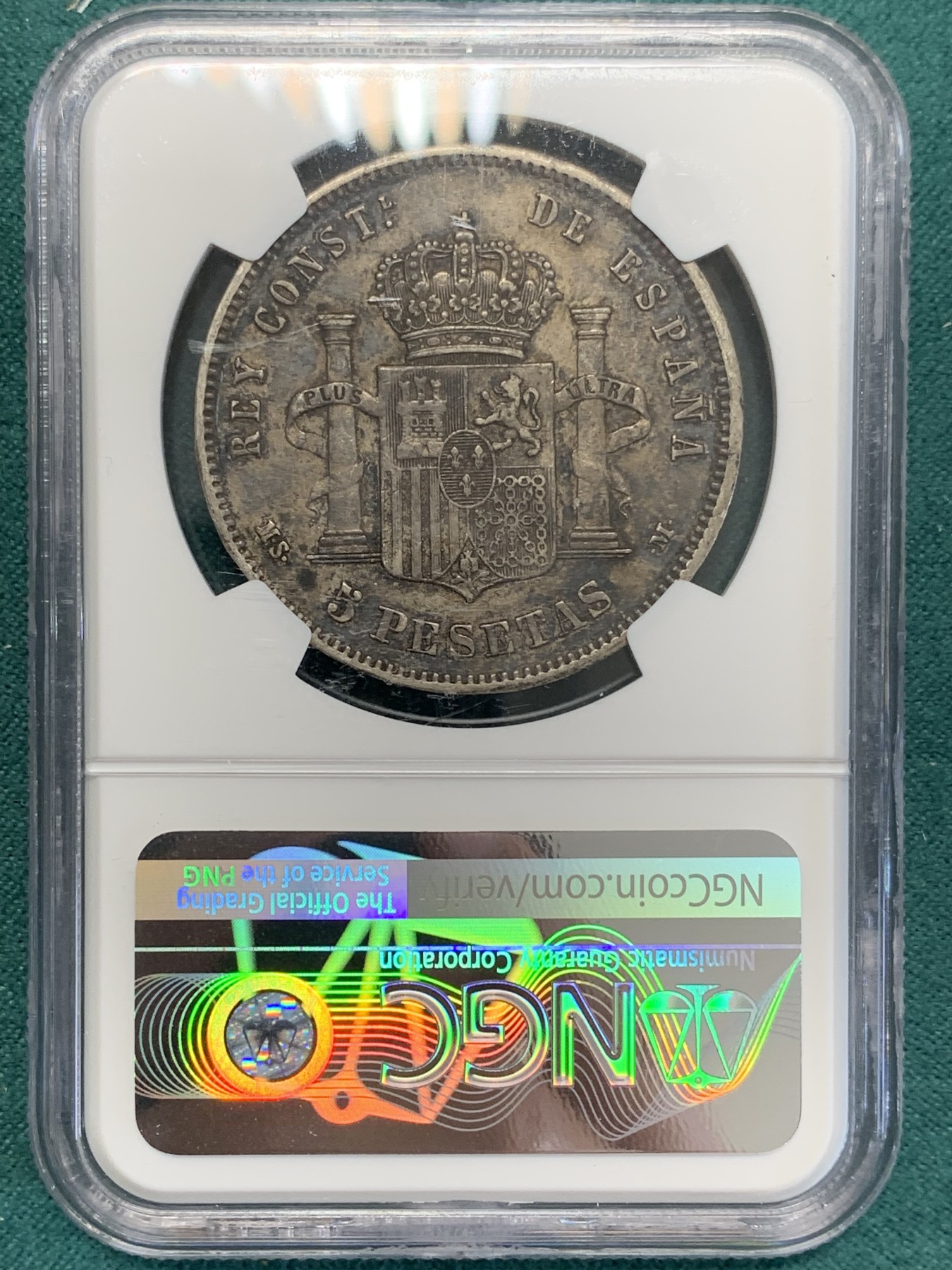 欢迎参加《竞宝斋》为国而庆 老张自藏专场 ，定制纪念章相赠 NGC XF45 西班牙1883年阿方索十二世5比塞塔银币 双面深彩包浆