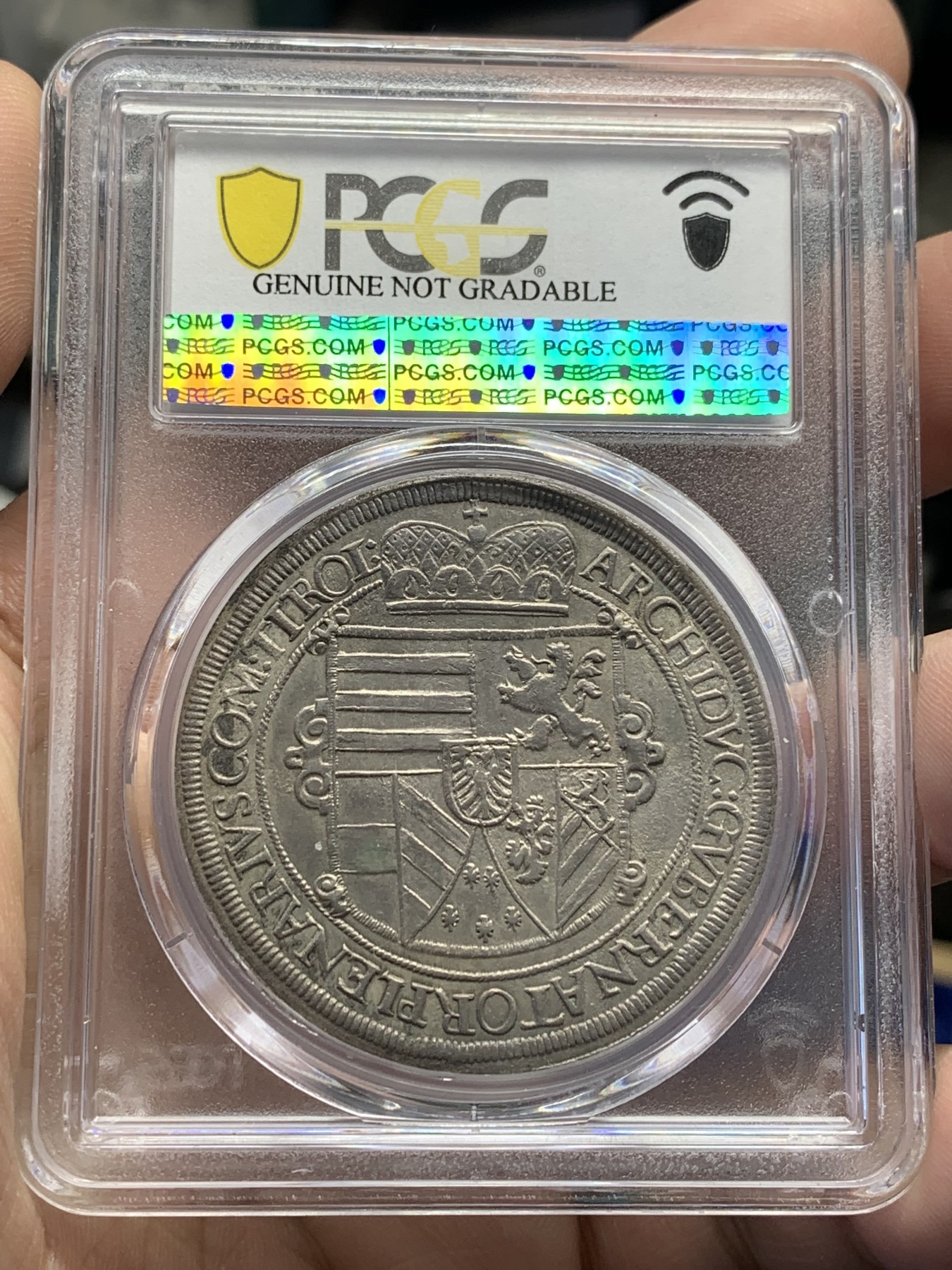 欢迎参加《竞宝斋》为国而庆 老张自藏专场 ，定制纪念章相赠 PCGS AU 神圣罗马帝国 奥地利 1621 利奥波德 泰勒大银币 双面深打 包浆币没给分也理解了 毕竟400年了