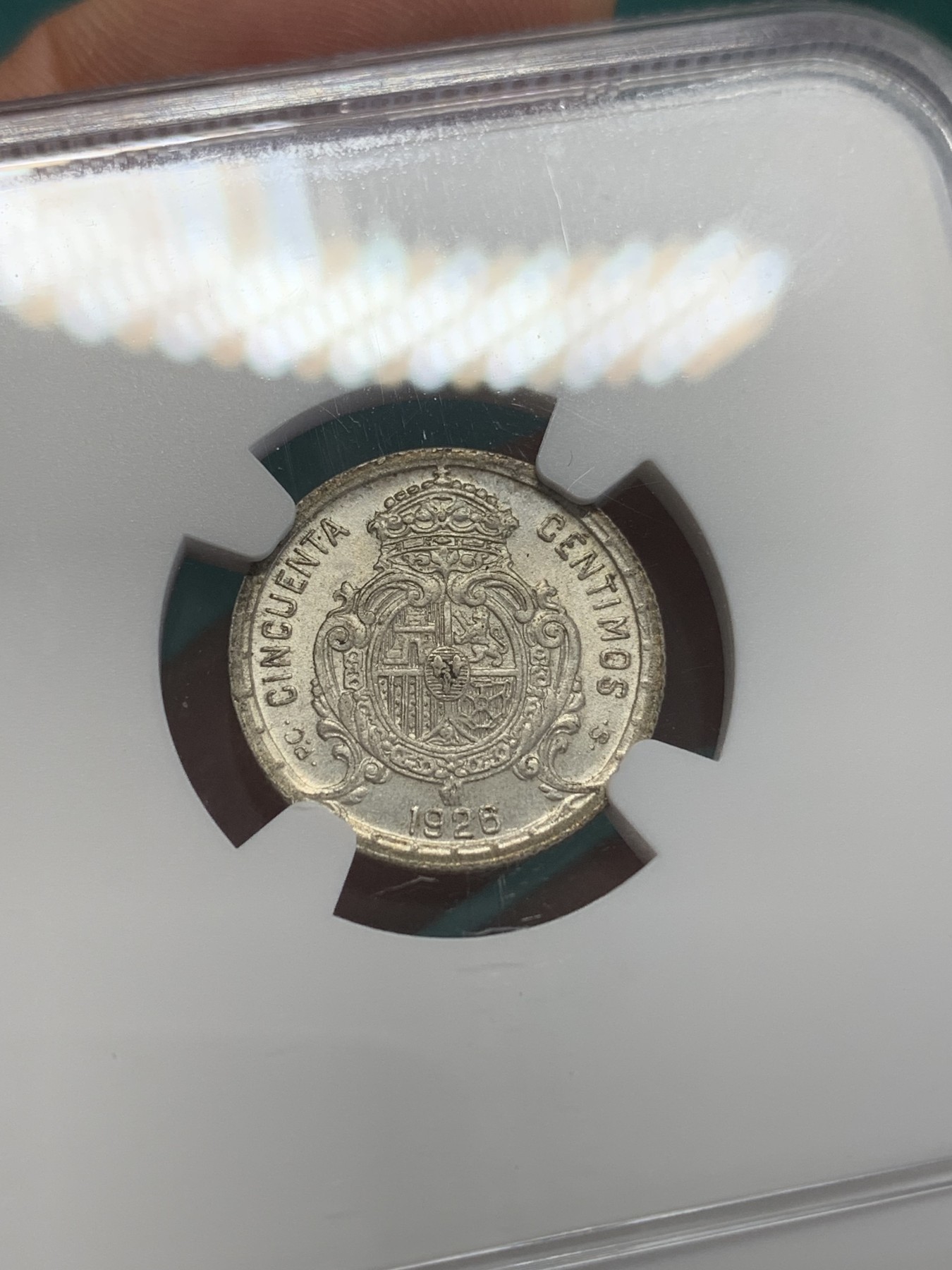 欢迎参加《竞宝斋》为国而庆 老张自藏专场 ，定制纪念章相赠 NGC MS63 西班牙  1926年 阿方索十三世 50分银币