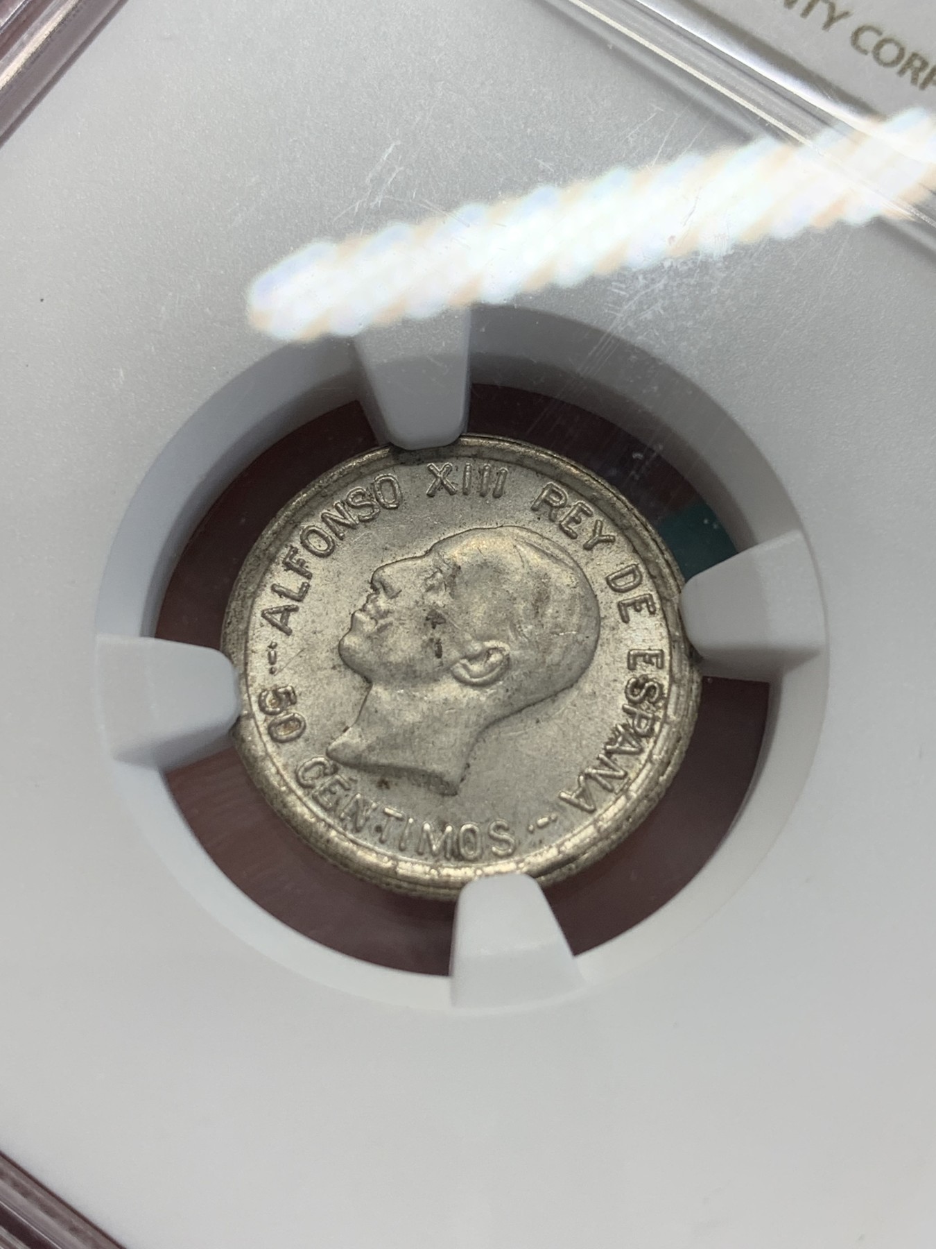 欢迎参加《竞宝斋》为国而庆 老张自藏专场 ，定制纪念章相赠 NGC MS63 西班牙  1926年 阿方索十三世 50分银币