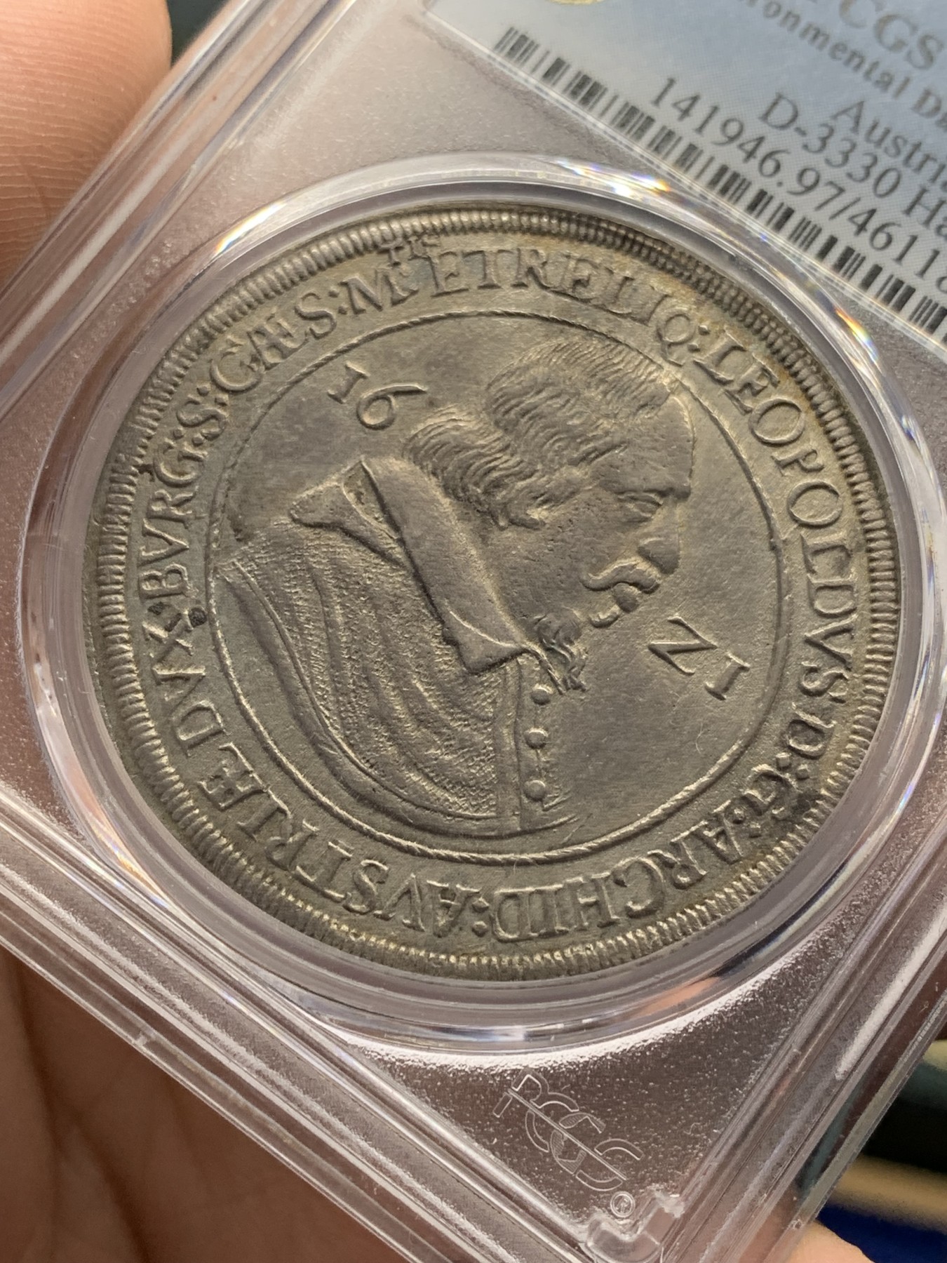 欢迎参加《竞宝斋》为国而庆 老张自藏专场 ，定制纪念章相赠 PCGS AU 神圣罗马帝国 奥地利 1621 利奥波德 泰勒大银币 双面深打 包浆币没给分也理解了 毕竟400年了