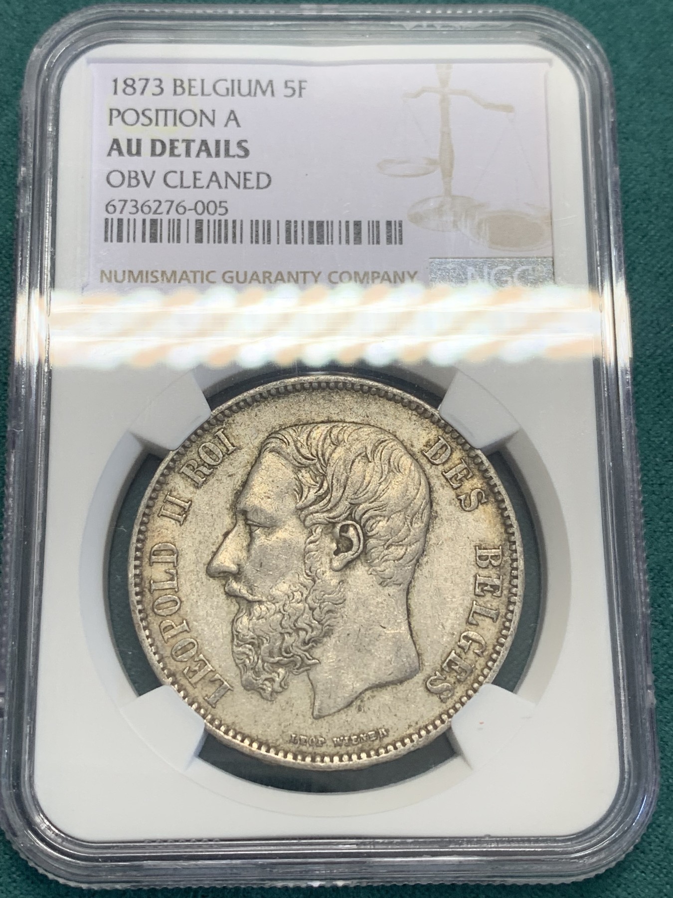 欢迎参加《竞宝斋》为国而庆 老张自藏专场 ，定制纪念章相赠 NGC AU 比利时1873年 利奥波德二世 5法郎银币 原味包浆 胡子清晰